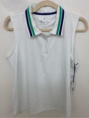 Classic Prep White Sleeveless Polo with Green & Blue Striped Collar